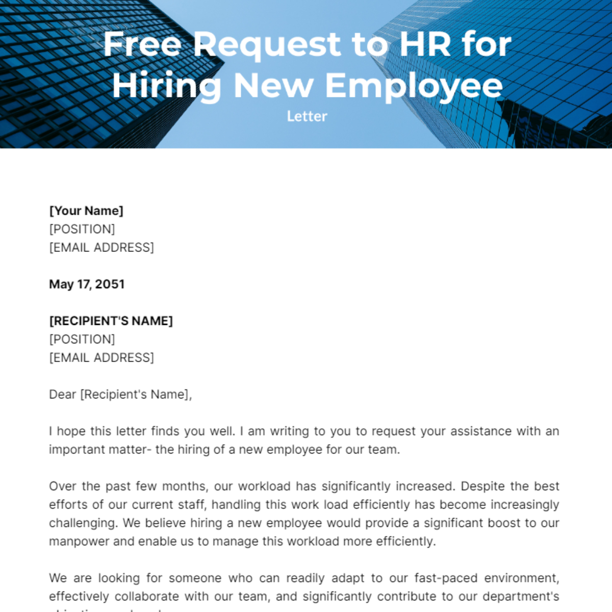 Request Letter to HR for Hiring New Employee Template