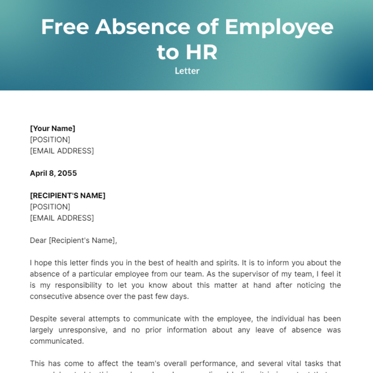 Letter to HR for Absence of Employee Template