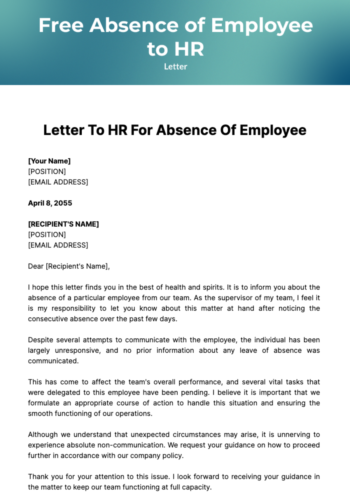 Free Letter to HR for Absence of Employee Template