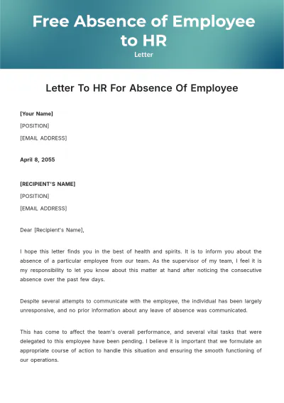 Free Letter to HR for Absence of Employee Template to Edit Online
