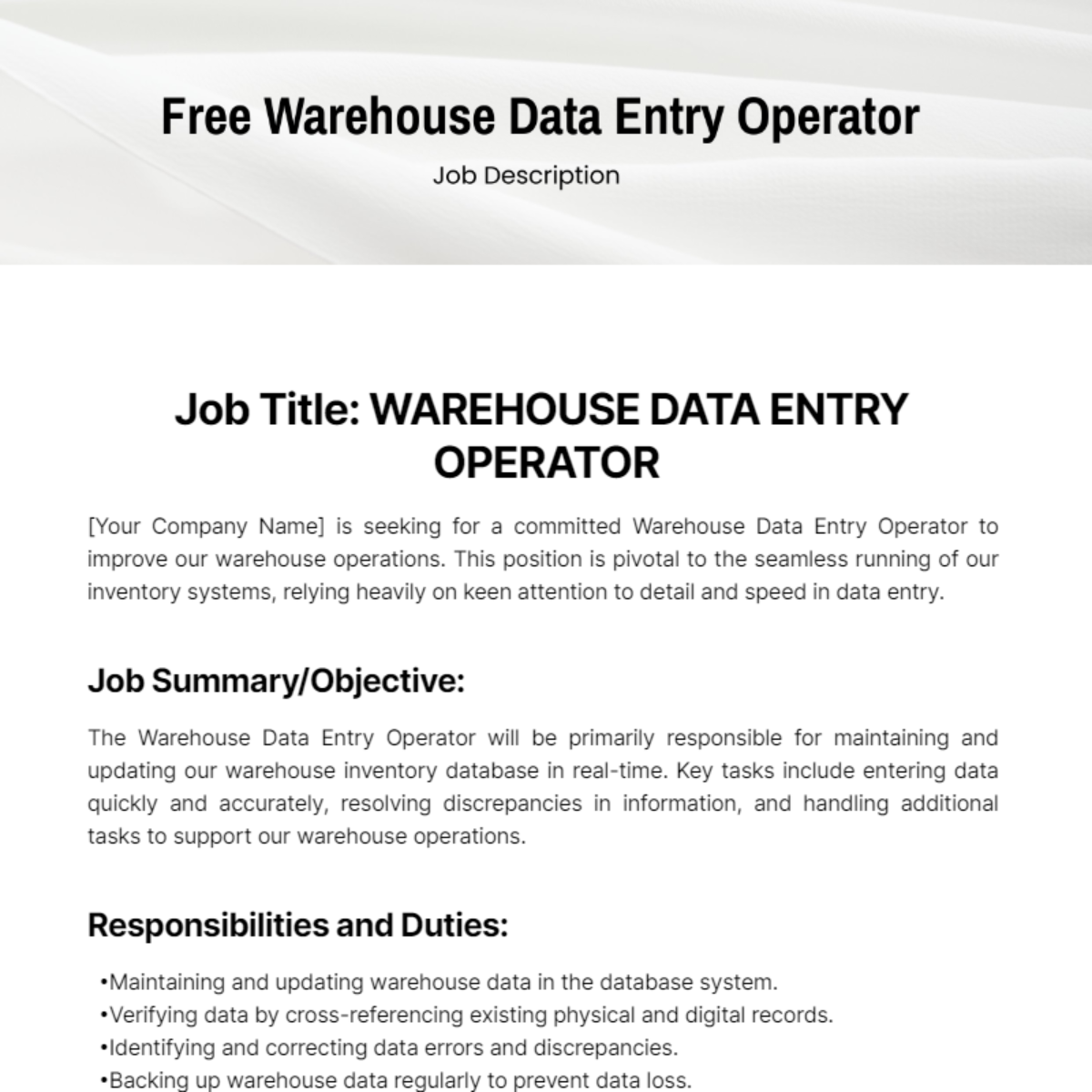 Warehouse Data Entry Operator Job Description Template