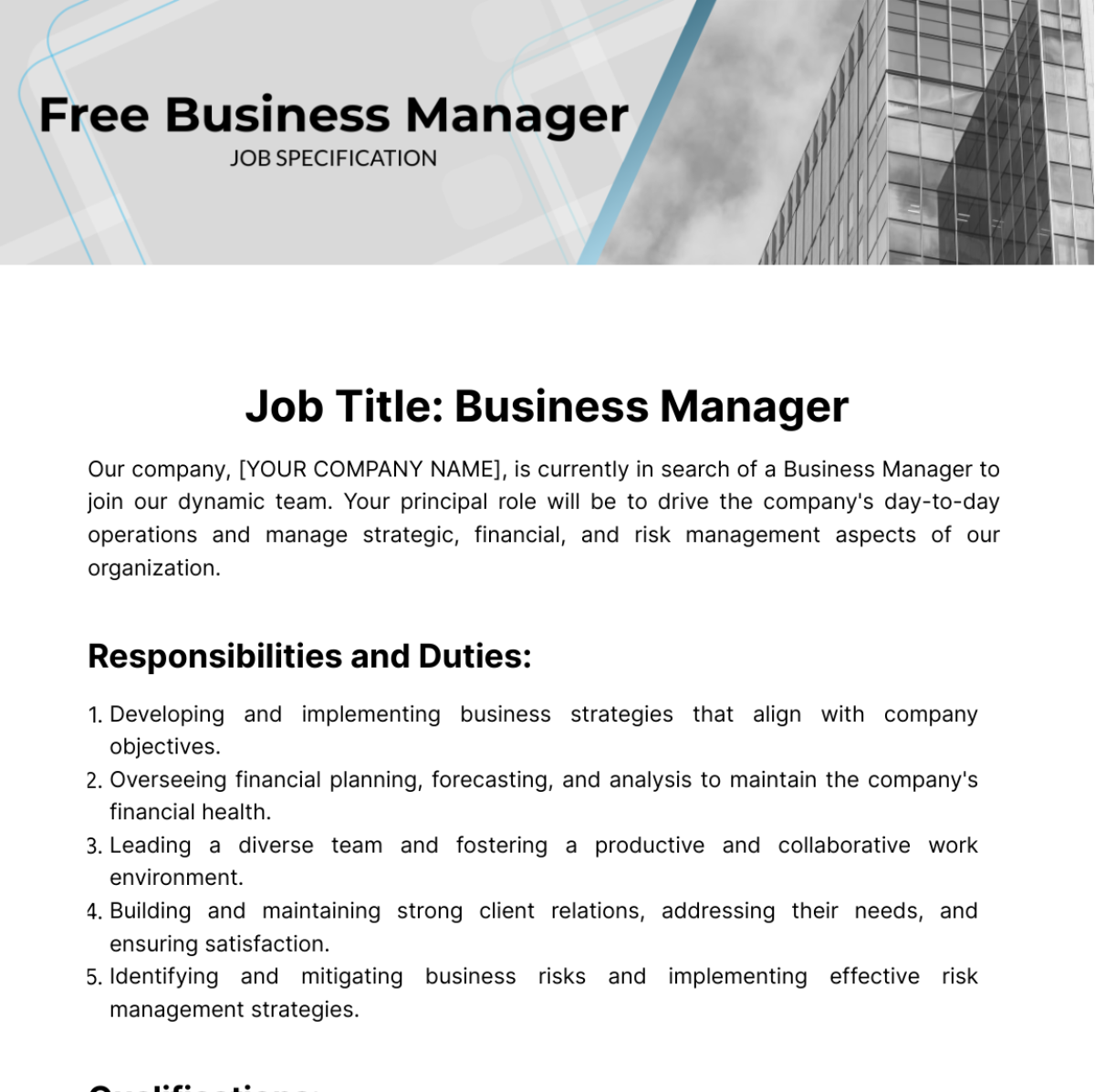 Business Manager Job Specification Template