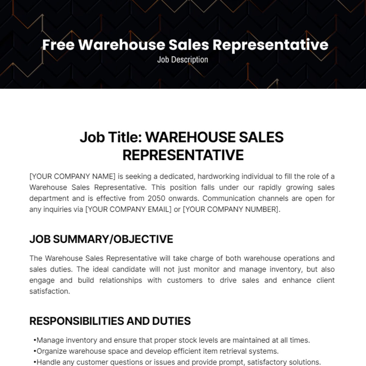 Warehouse Sales Representative Job Description Template
