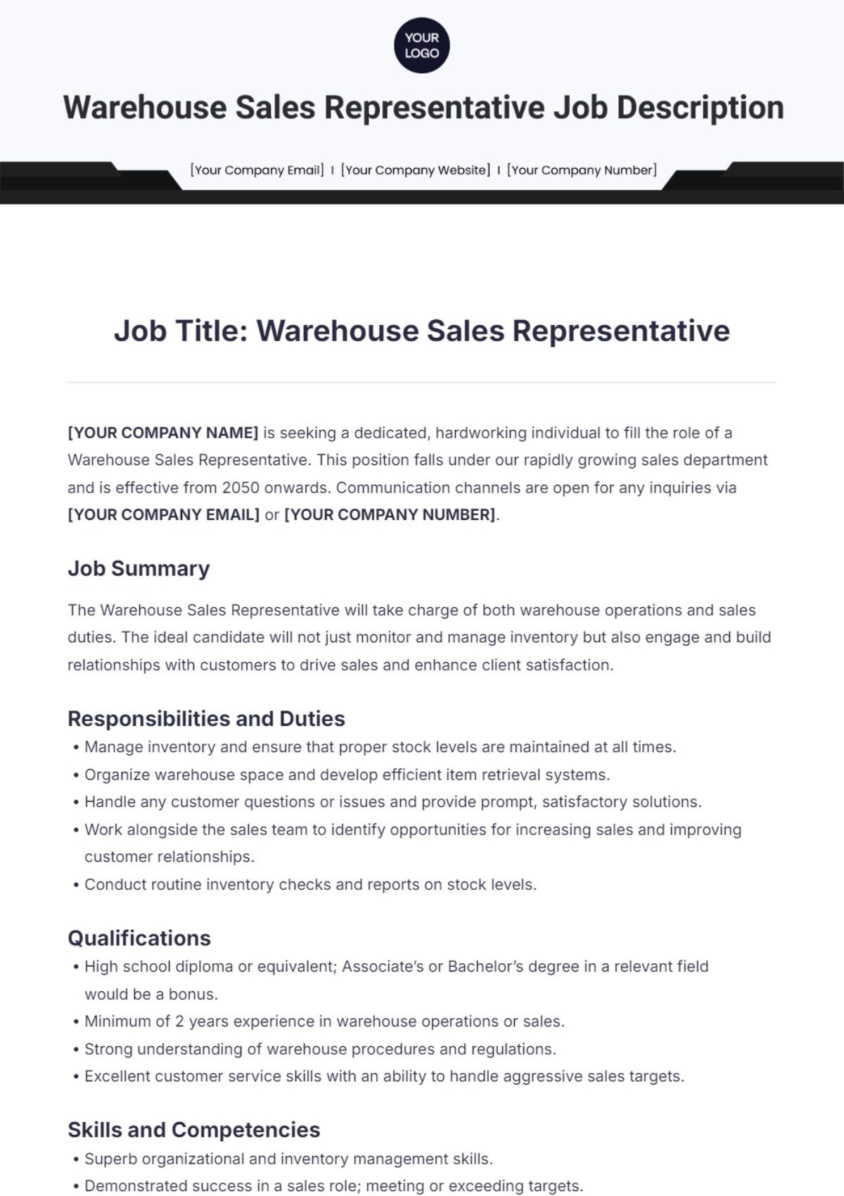 Warehouse Sales Representative Job Description Template - Edit Online & Download