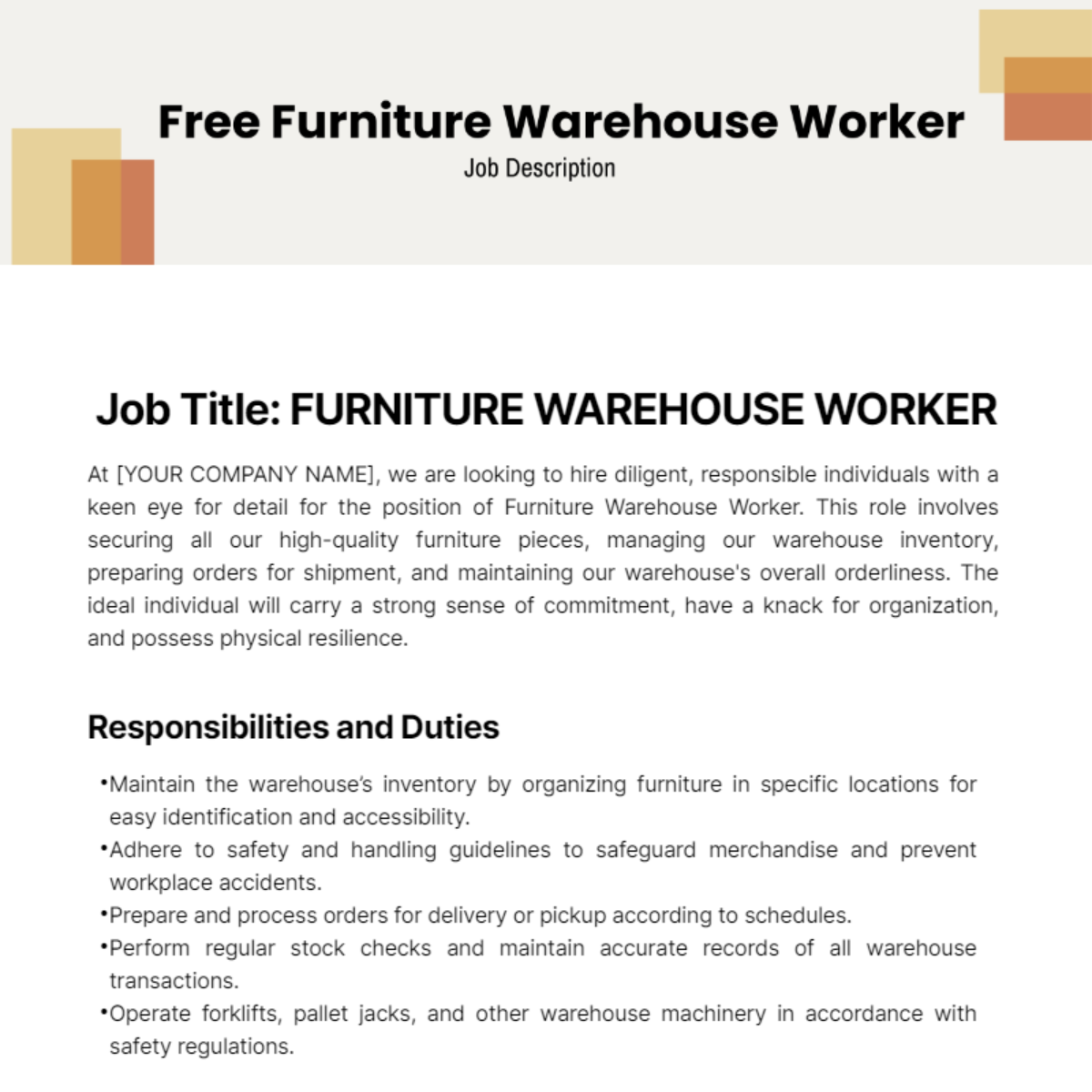 Furniture Warehouse Worker Job Description Template Edit Online   Furniture Warehouse Worker Job Description Template Edit Online 