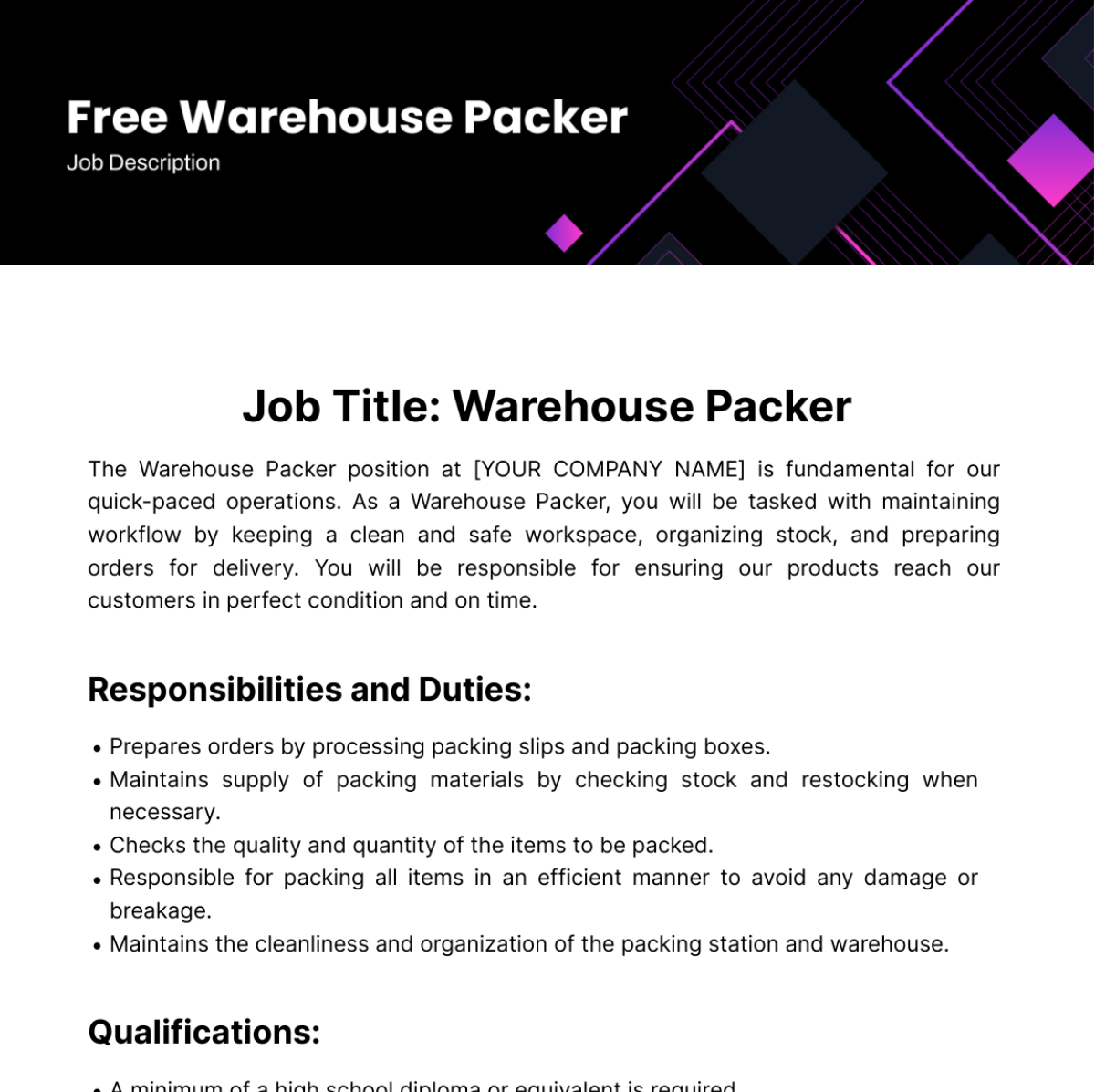 Warehouse Packer Job Description Template