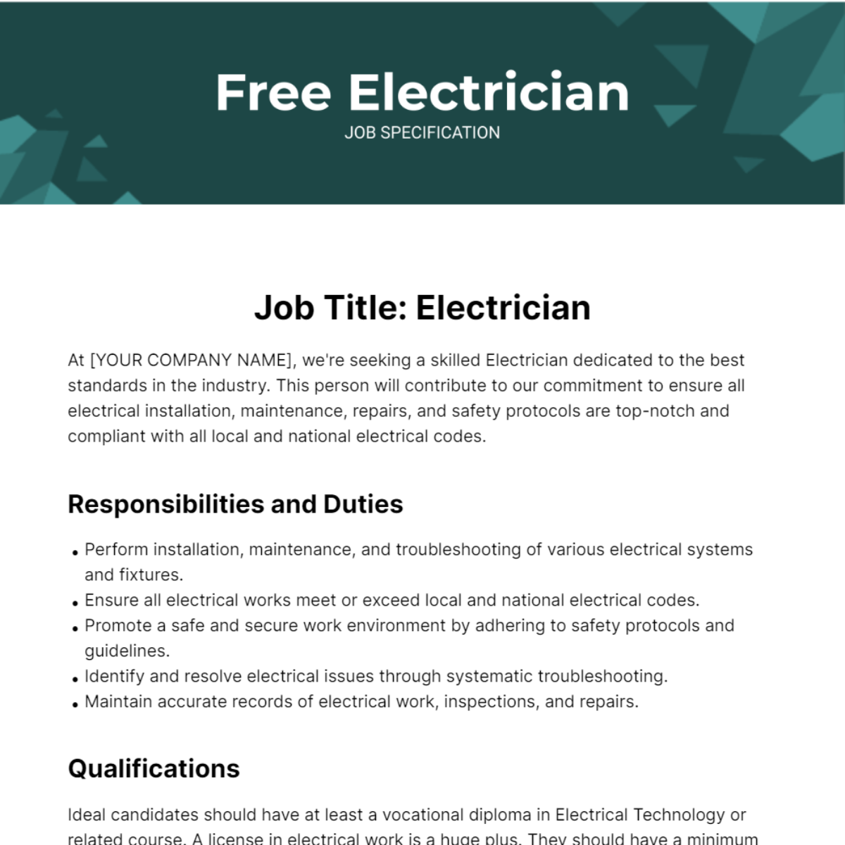 Electrician Job Specification Template