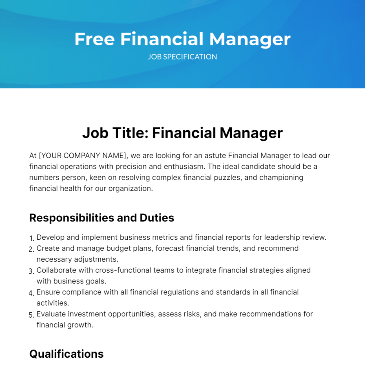 Financial Manager Job Specification Template - Edit Online & Download