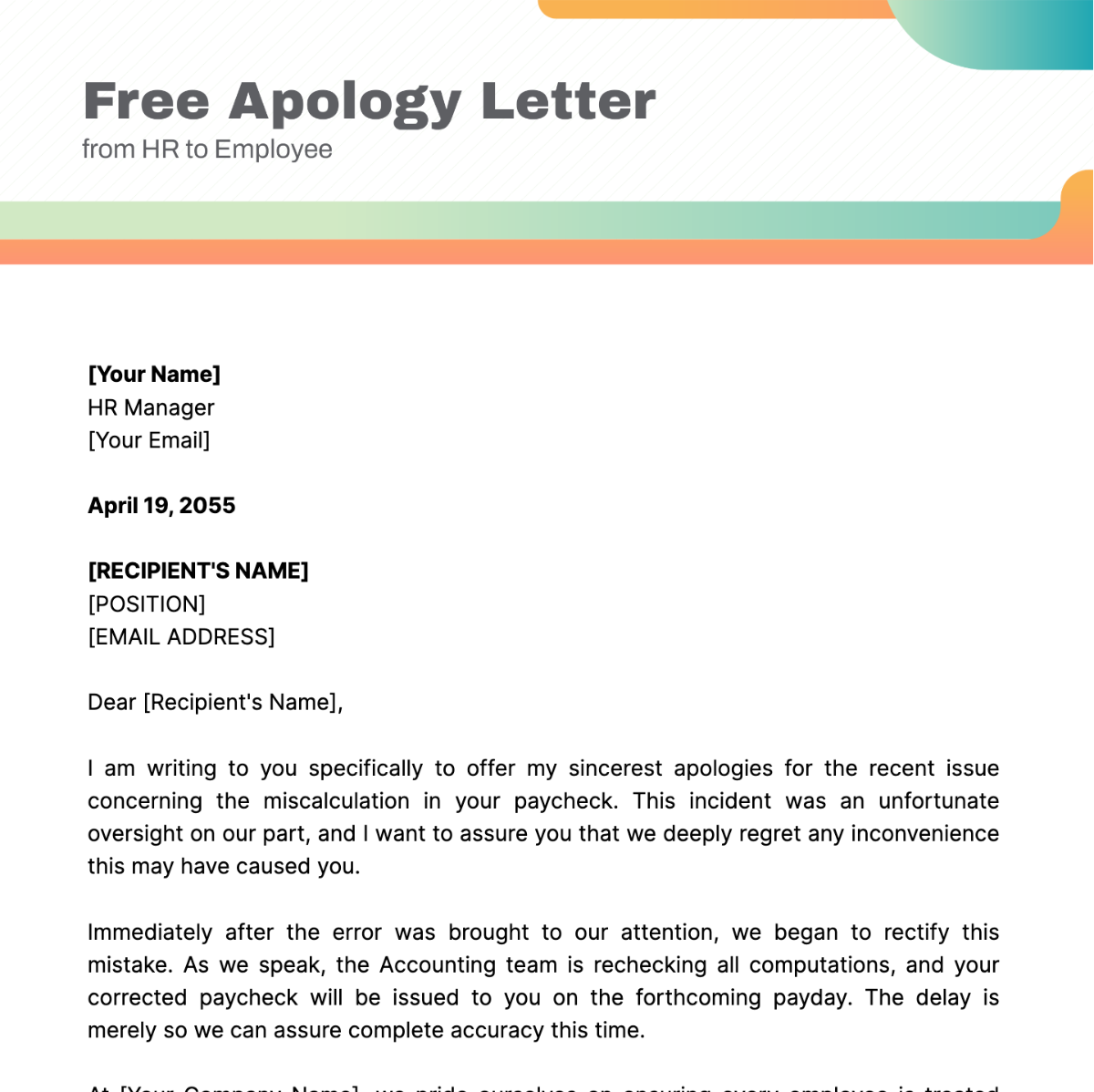 Apology Letter from HR to Employee Template