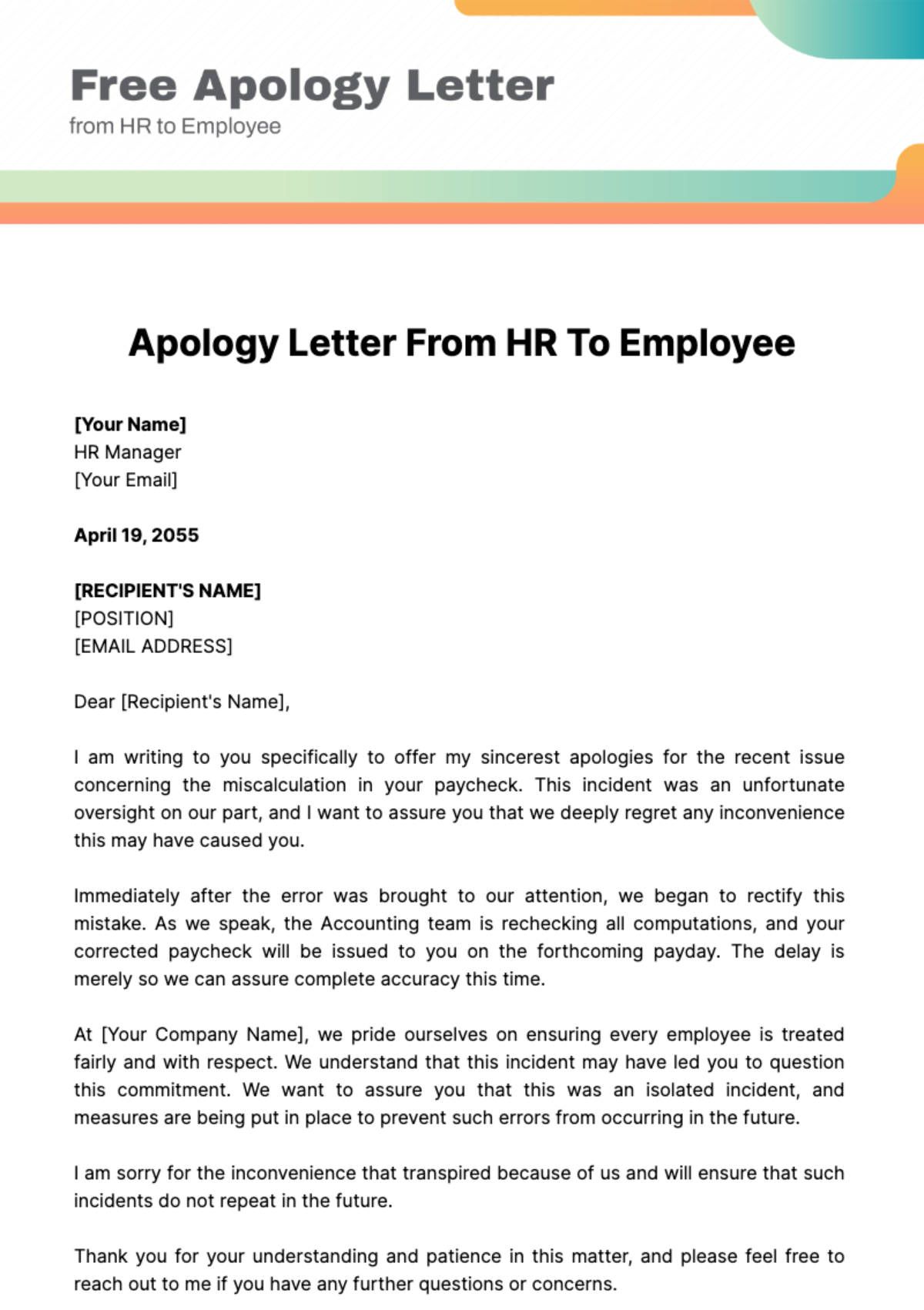 Free Apology Letter from HR to Employee Template
