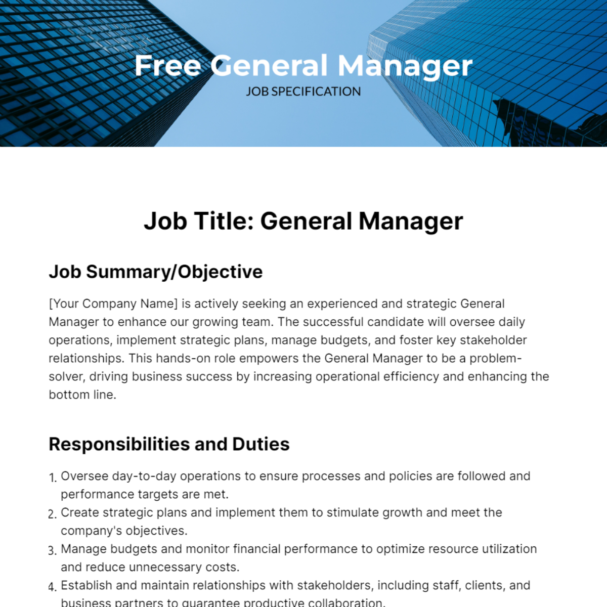 General Manager Job Specification Template