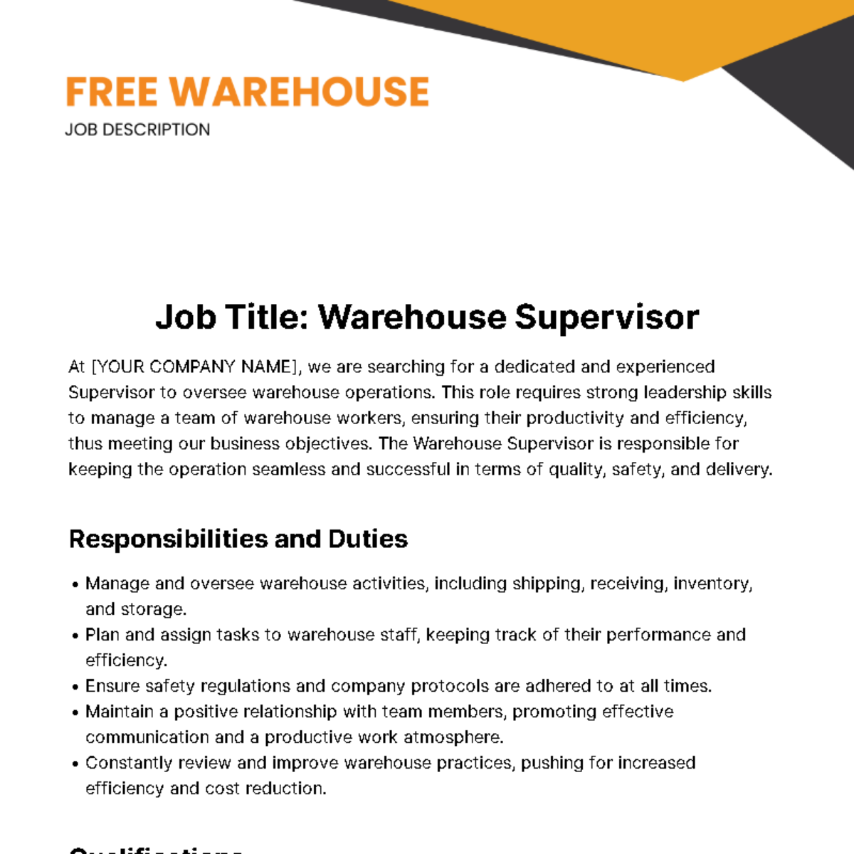 Warehouse Job Description Template - Edit Online & Download