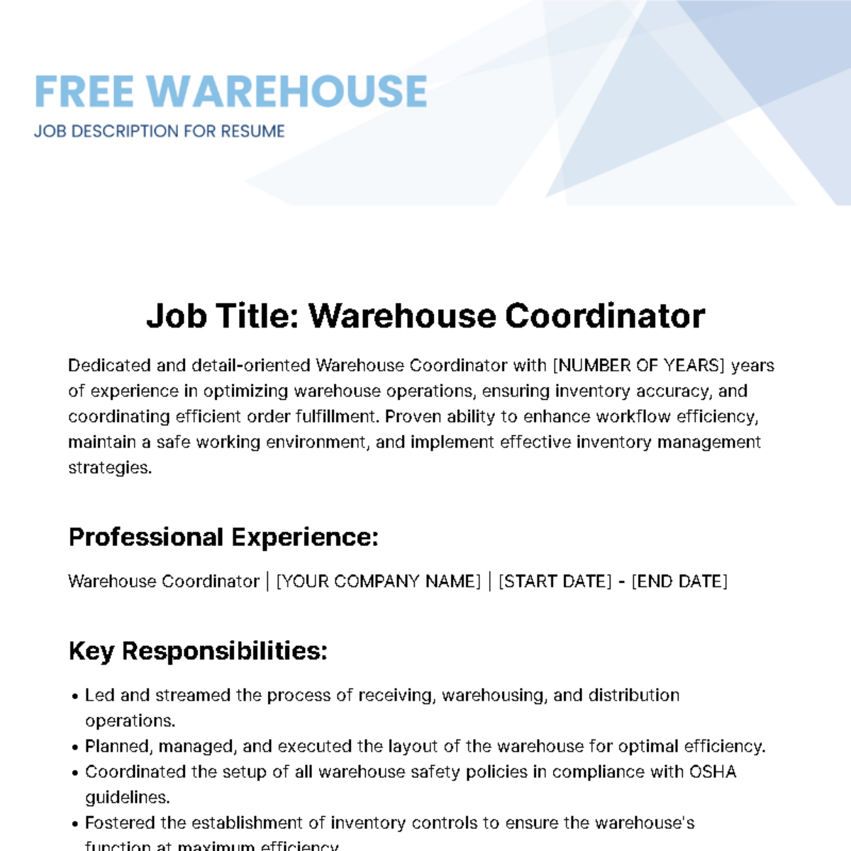 Warehouse Job Description for Resume Template - Edit Online & Download