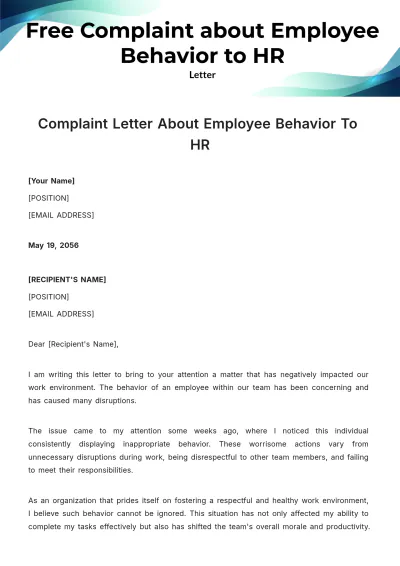 Free Complaint Letter about Employee Behavior to HR Template to Edit Online