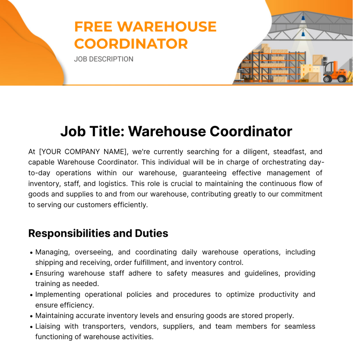 Warehouse Coordinator Job Description Template - Edit Online & Download