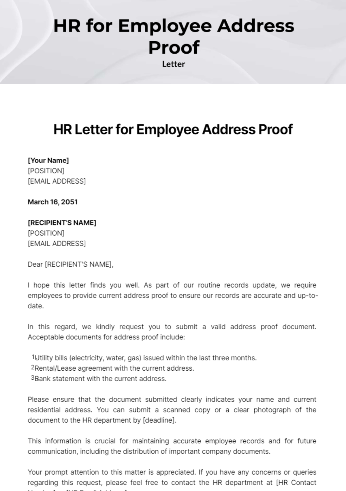 HR Letter for Employee Address Proof Template