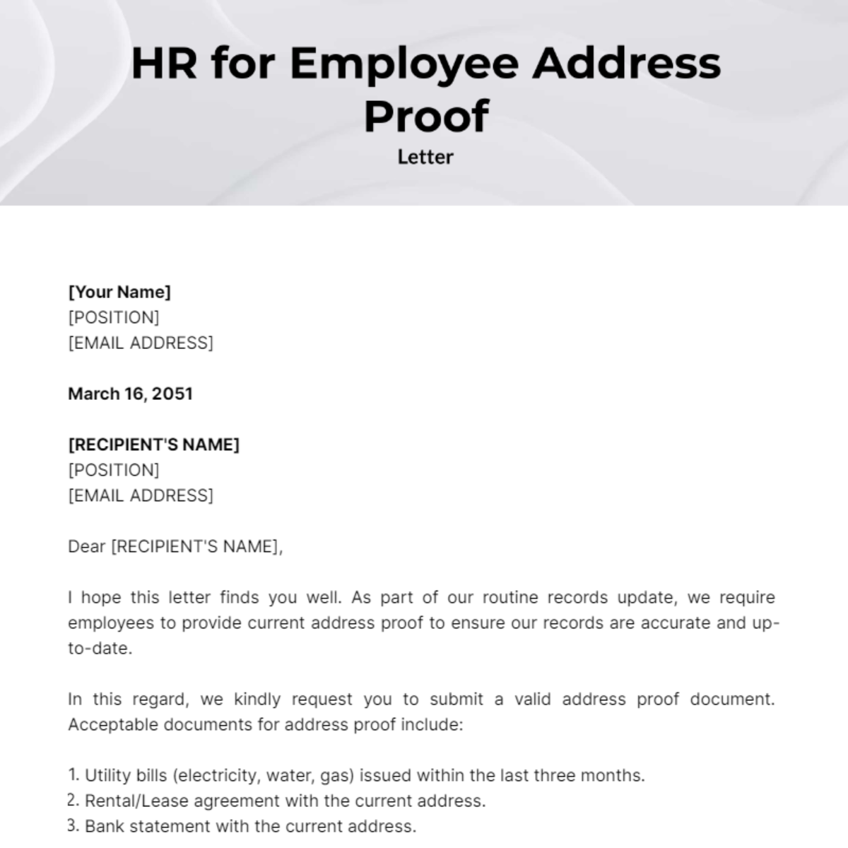 HR Letter for Employee Address Proof Template