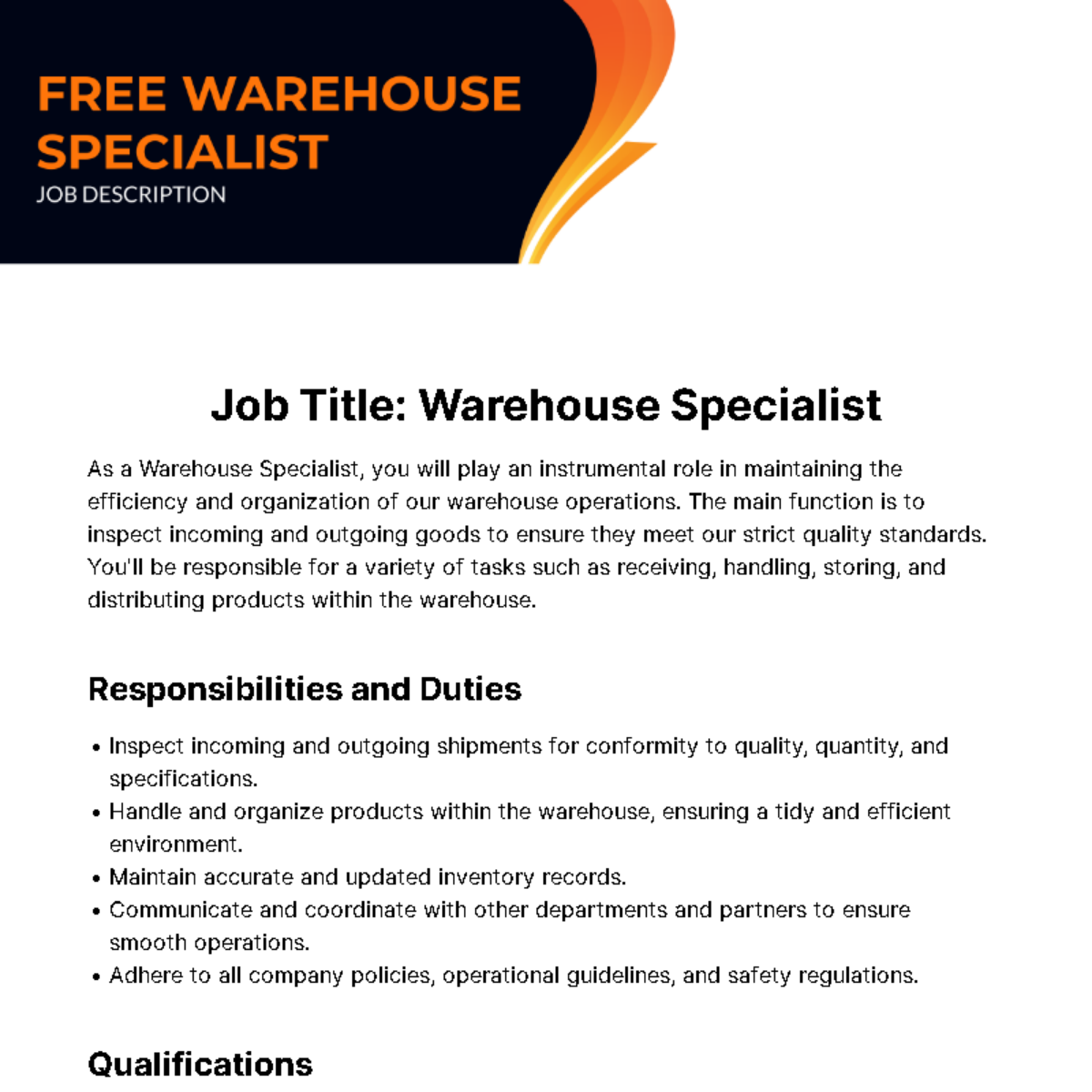 Warehouse Specialist Job Description Template - Edit Online & Download