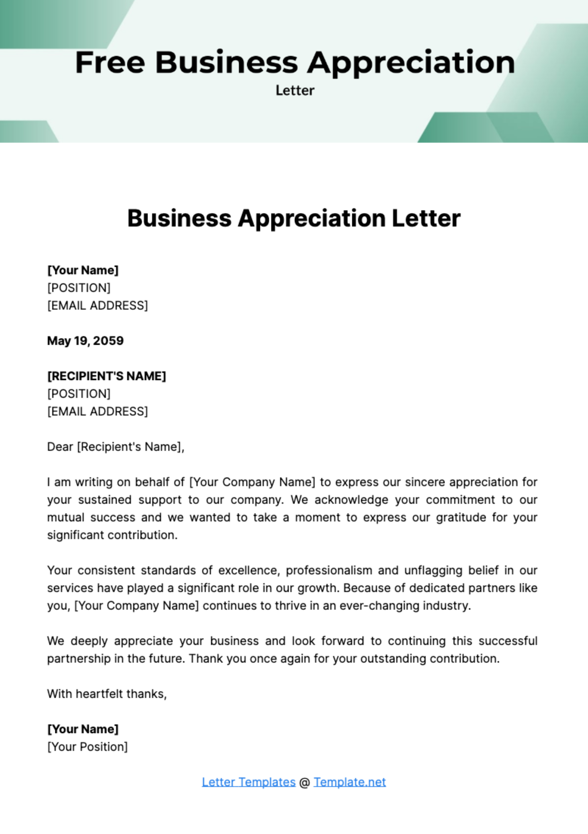 Free Business Appreciation Letter Template