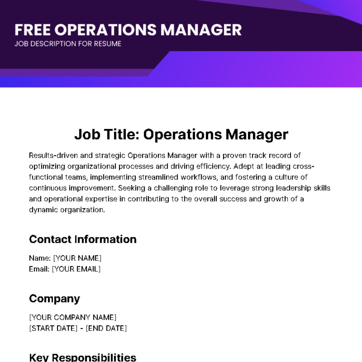 Operations Manager Job Description for Resume Template - Edit Online & Download