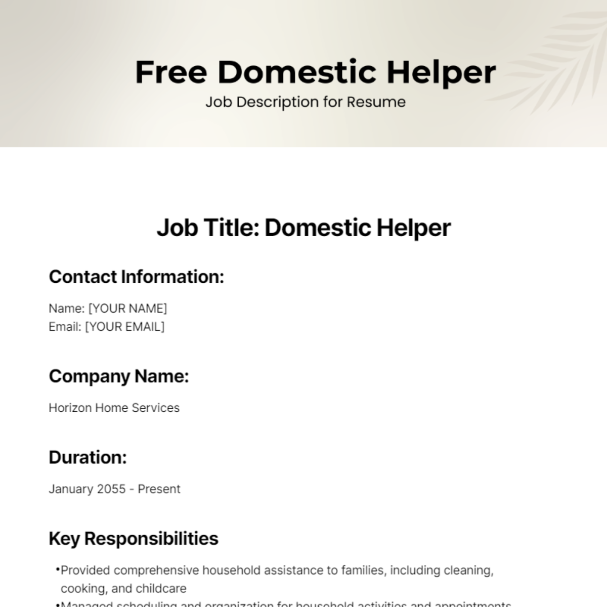 Domestic Helper Job Description for Resume Template