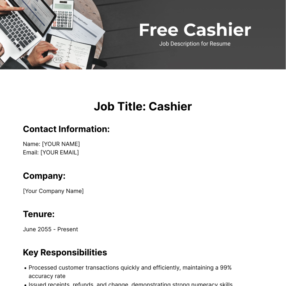 Cashier Job Description for Resume Template