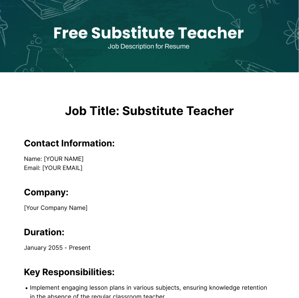 Substitute Teacher Job Description for Resume Template