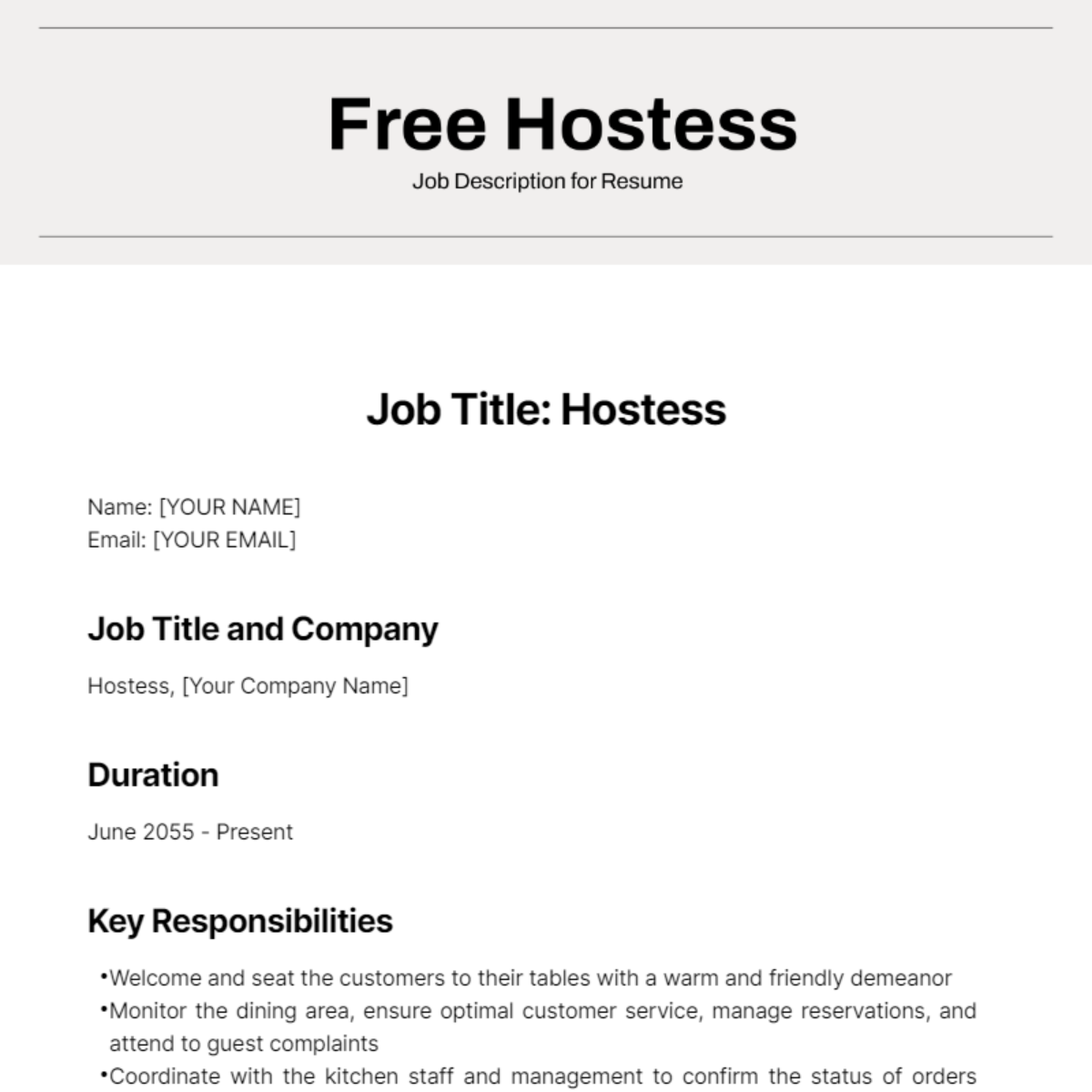 Hostess Job Description for Resume Template
