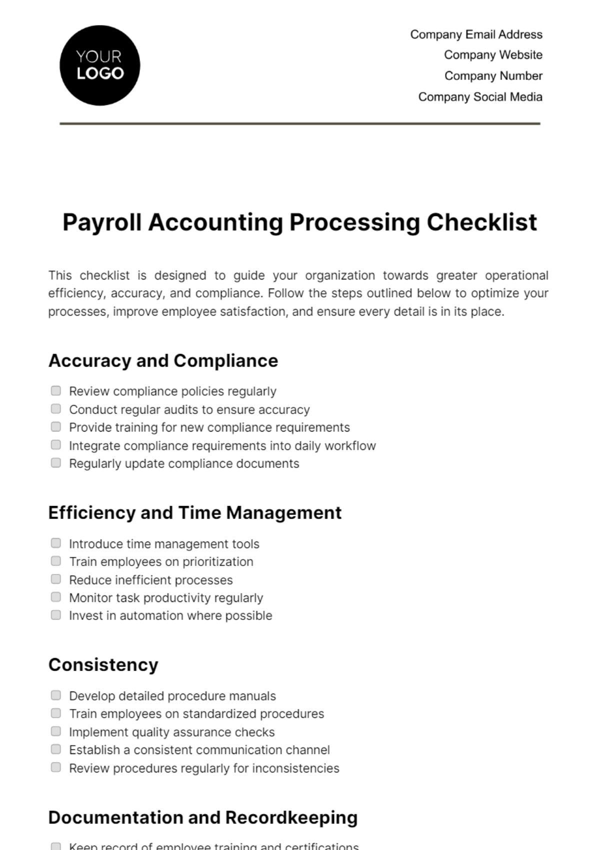 Free Payroll Accounting Processing Checklist Template
