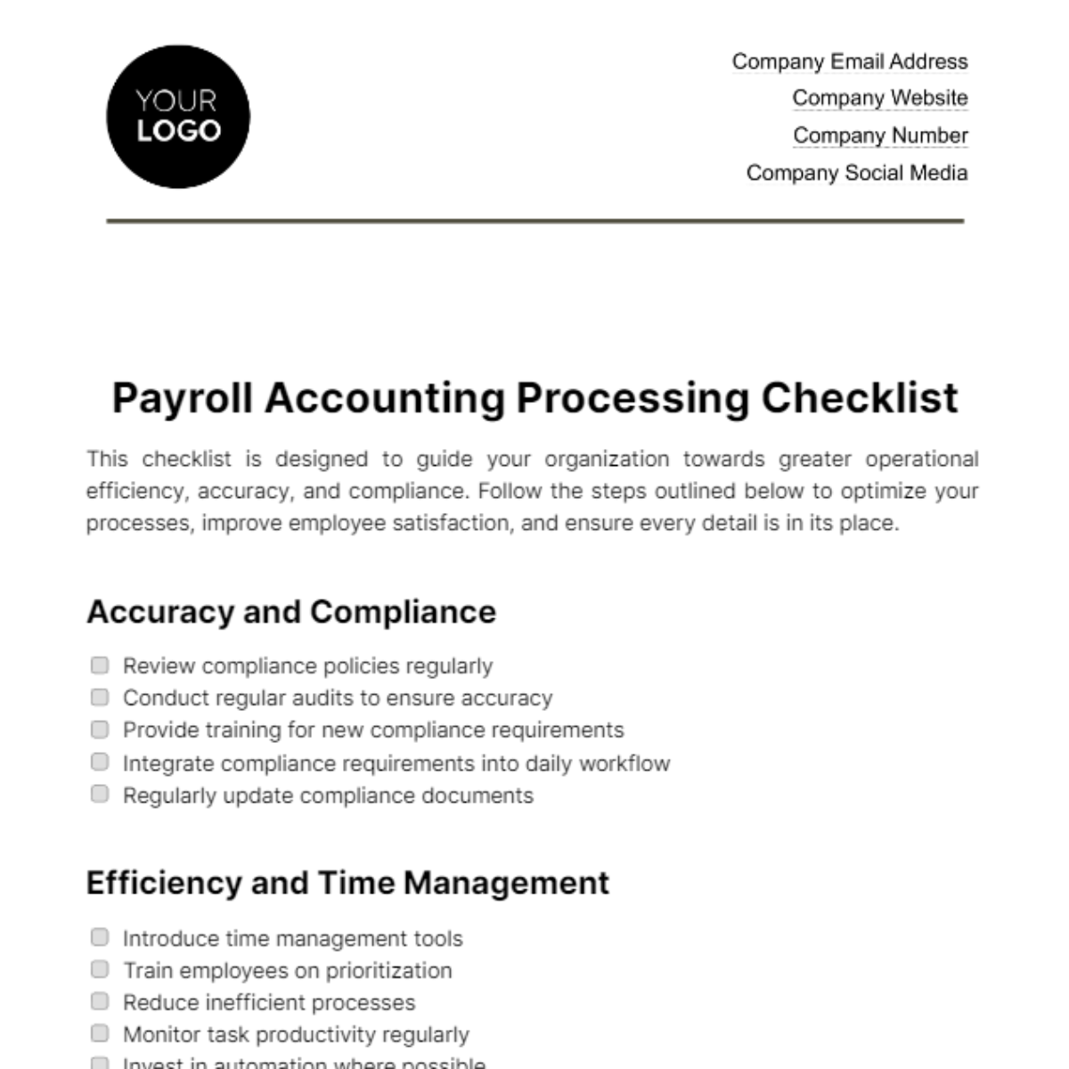 Payroll Accounting Processing Checklist Template - Edit Online & Download