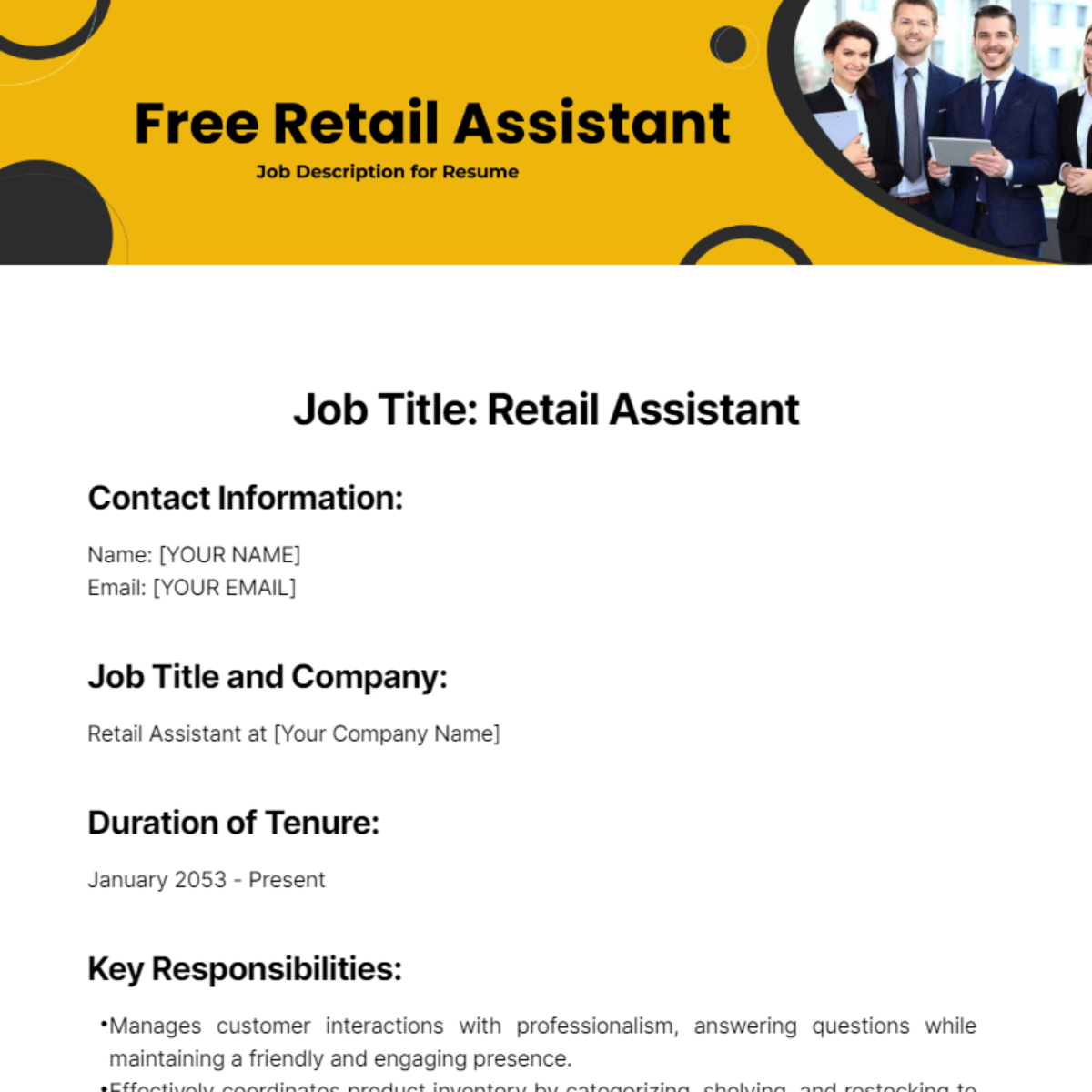 Retail Assistant Job Description for Resume Template