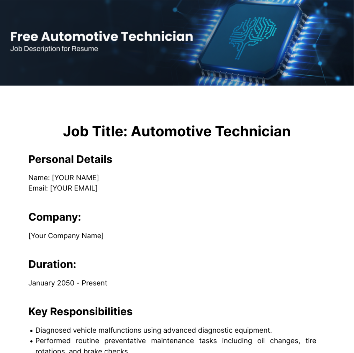 Automotive Technician Job Description for Resume Template