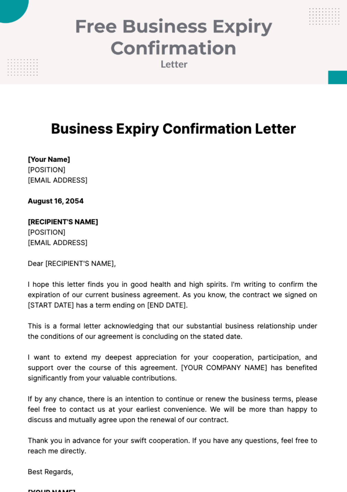 Free Business Expiry Confirmation Letter Template