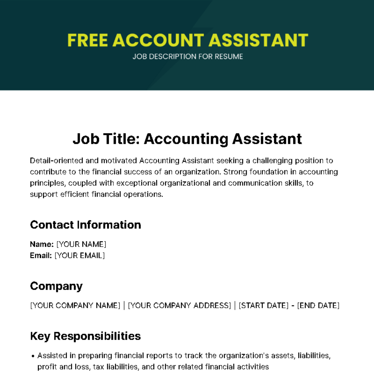 Account Assistant Job Description for Resume Template - Edit Online & Download