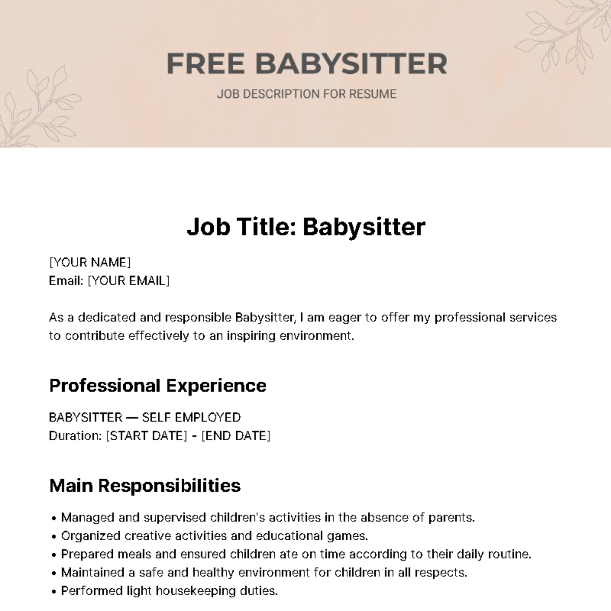 Babysitter Job Description for Resume Template - Edit Online & Download