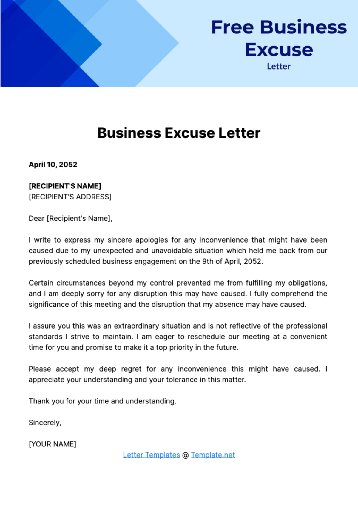 Business Excuse Letter Template