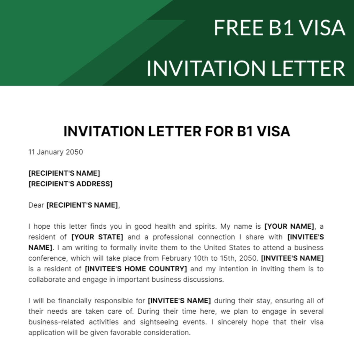 B1 Visa Invitation Letter Template