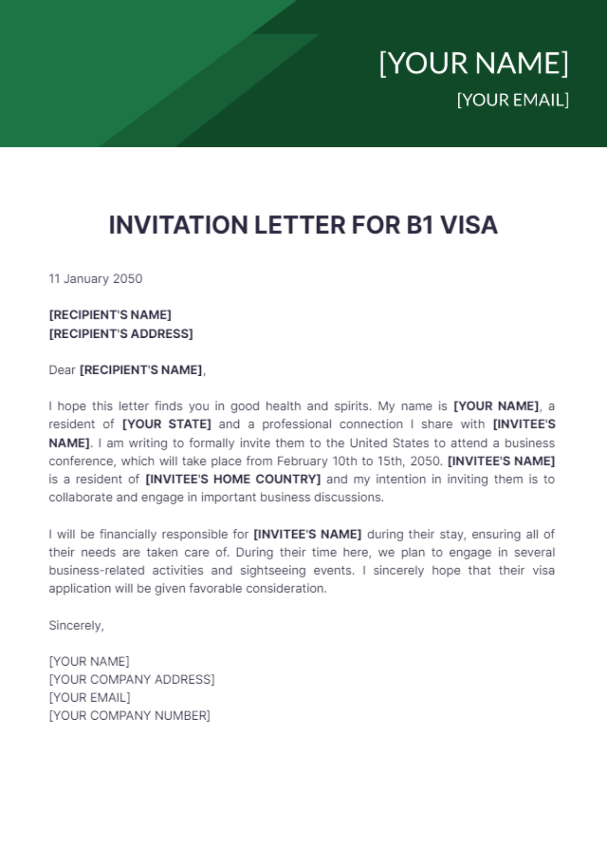 B1 Visa Invitation Letter Template