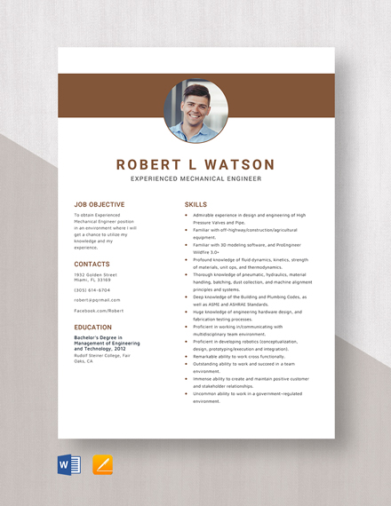 Experienced Mechanical Engineer Resume Template - Word, Apple Pages