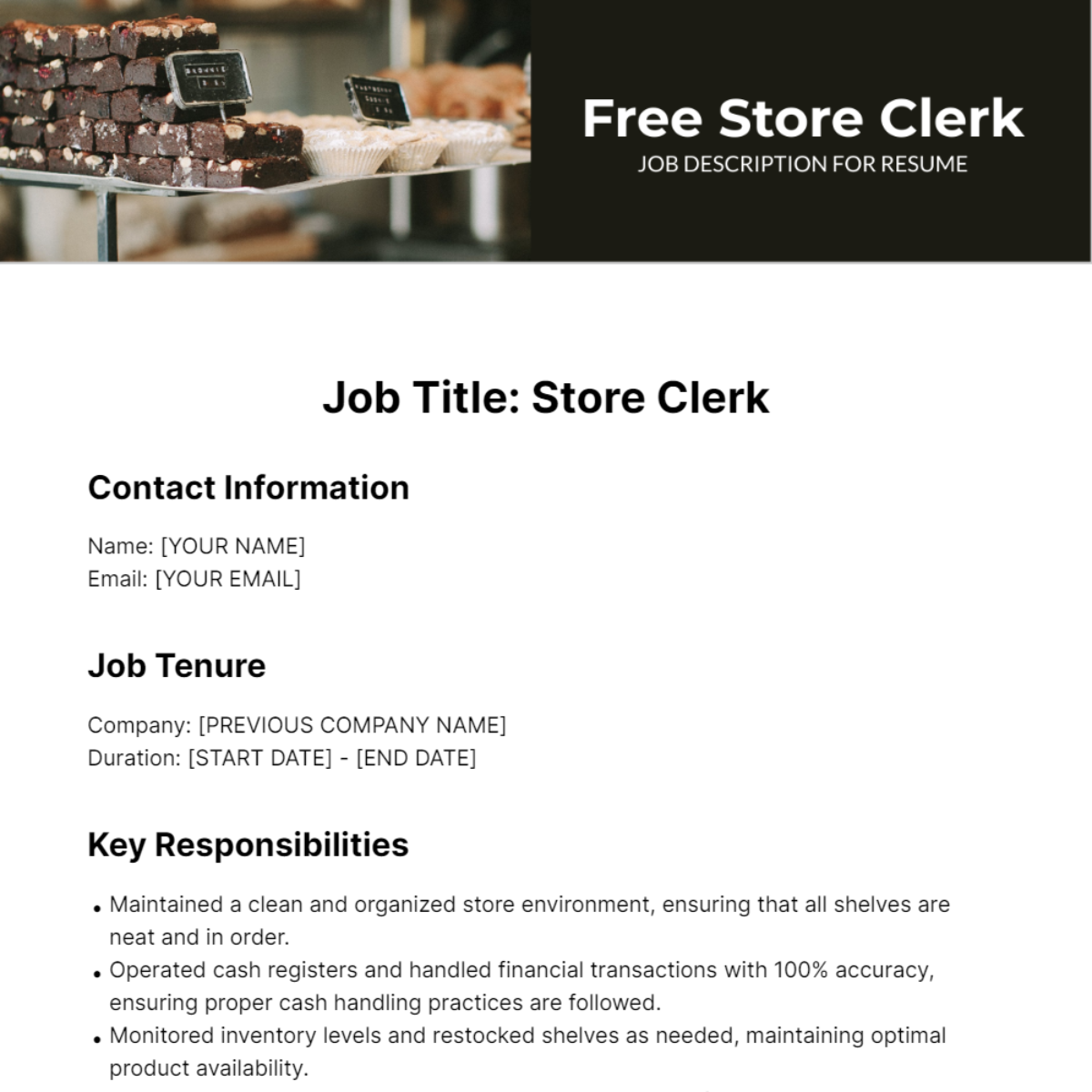 Store Clerk Job Description for Resume Template