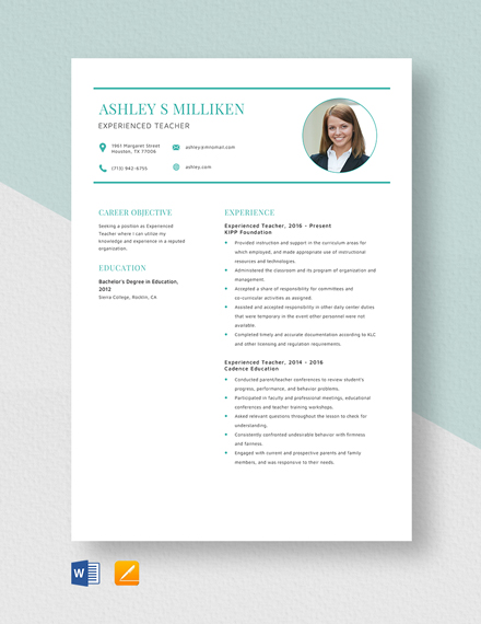 Experienced Teacher Resume Template - Word, Apple Pages