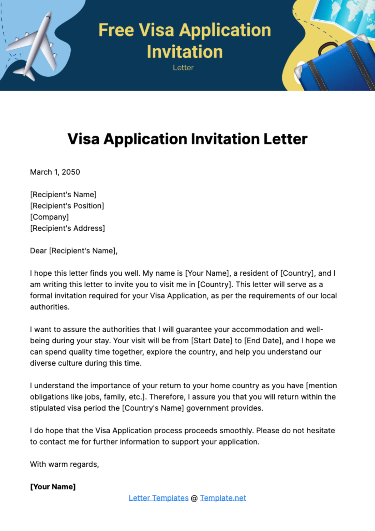 Free Visa Application Invitation Letter Template