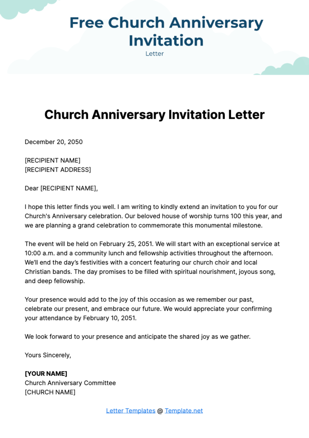 Free Church Anniversary Invitation Letter Template