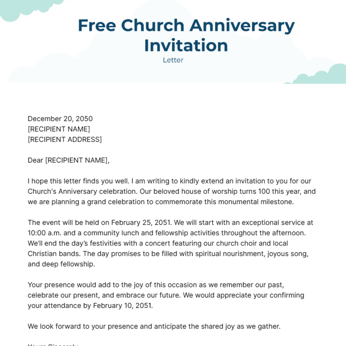 Church Anniversary Invitation Letter Template