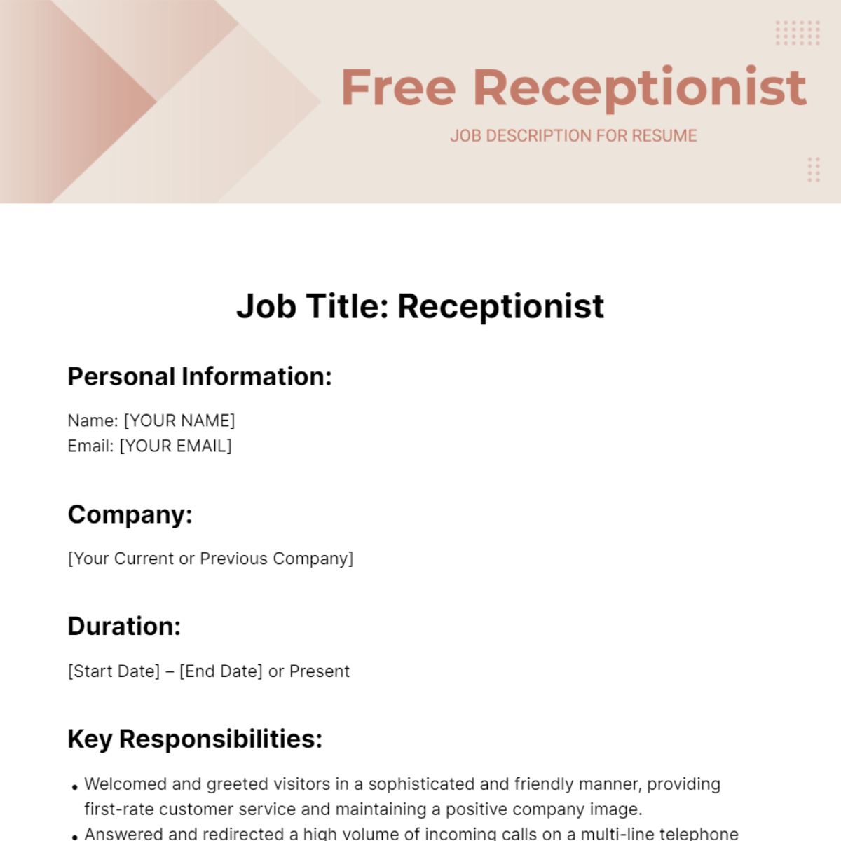 Receptionist Job Description for Resume Template