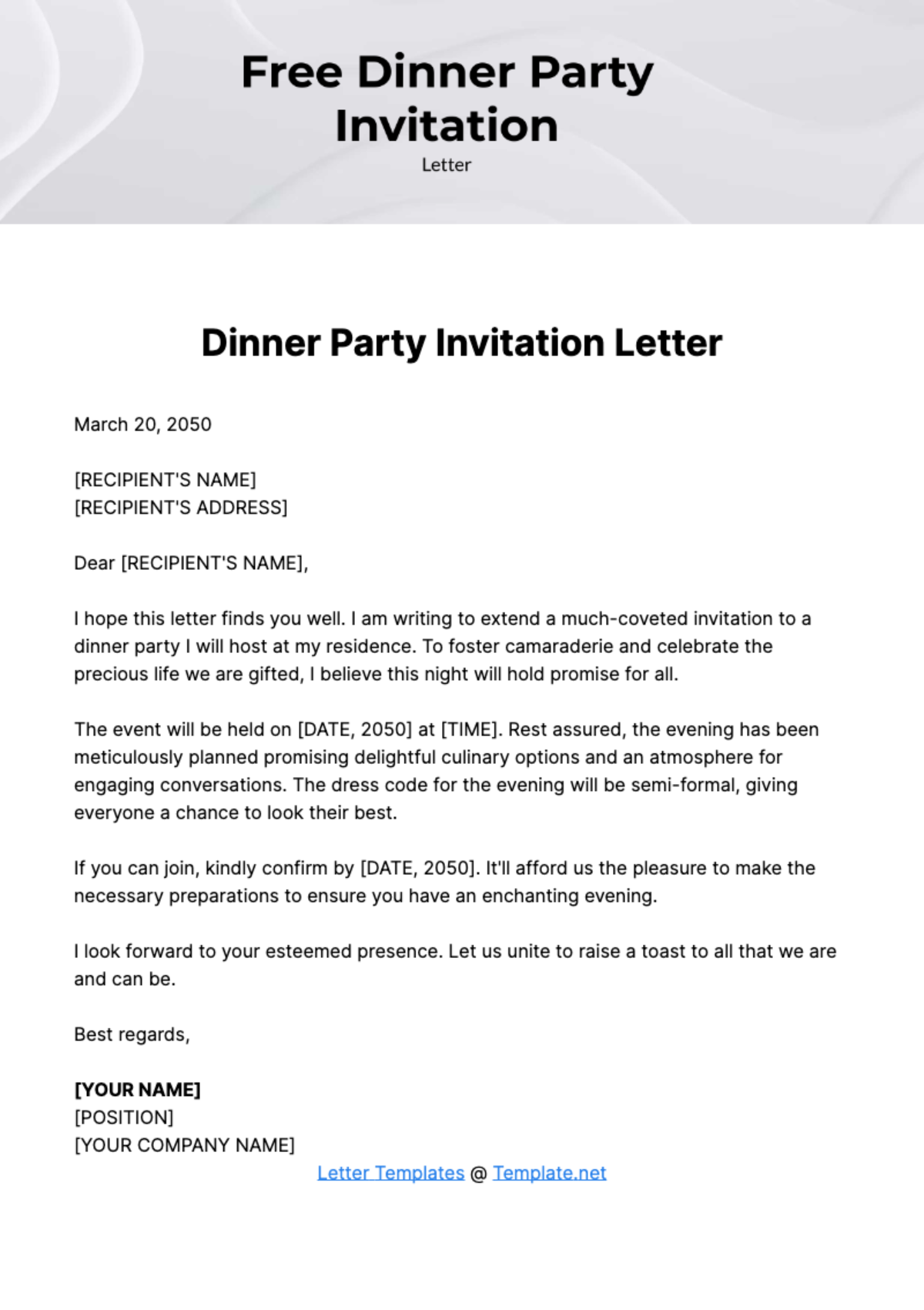 Free Dinner Party Invitation Letter Template