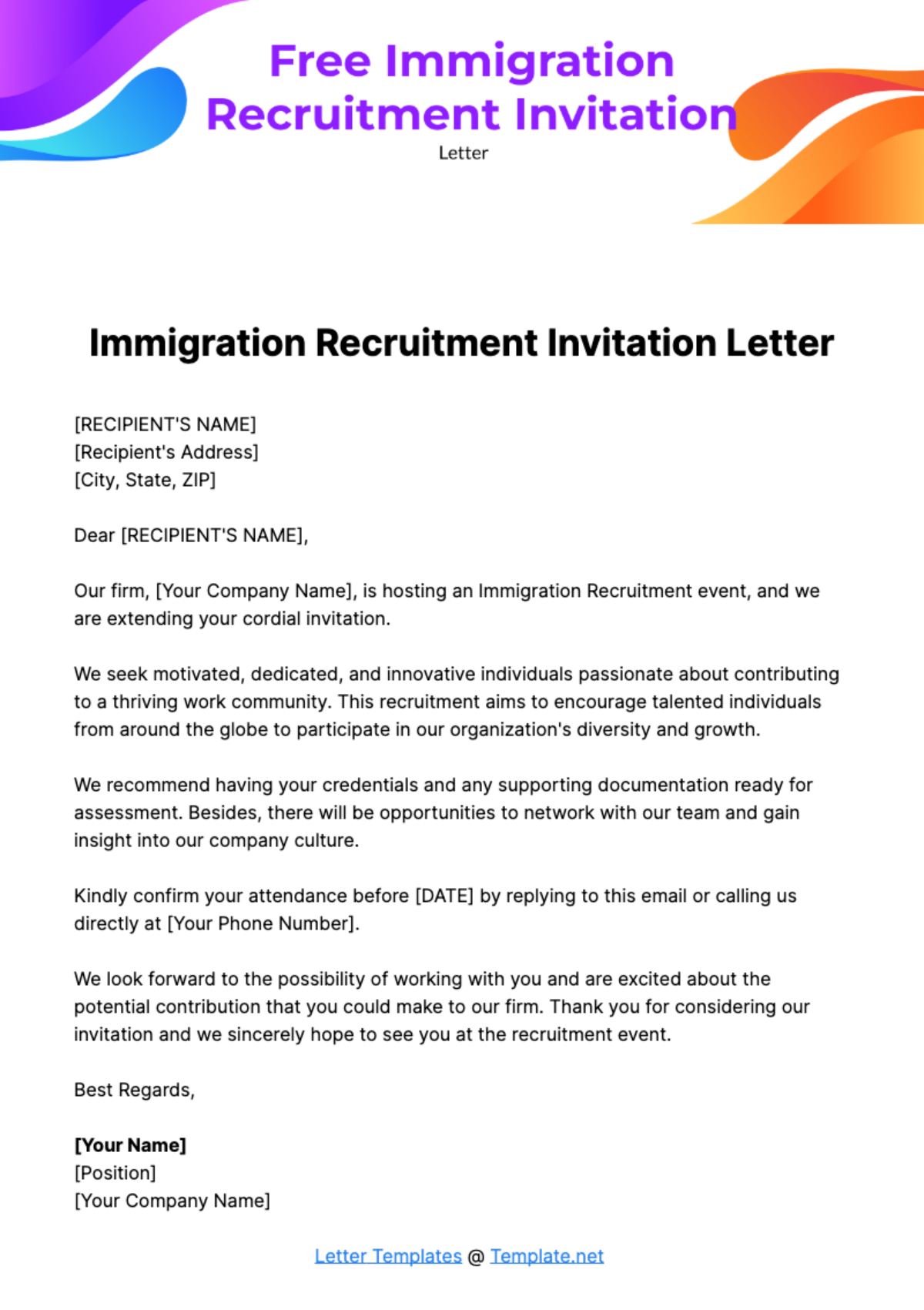 Free Immigration Recruitment Invitation Letter  Template
