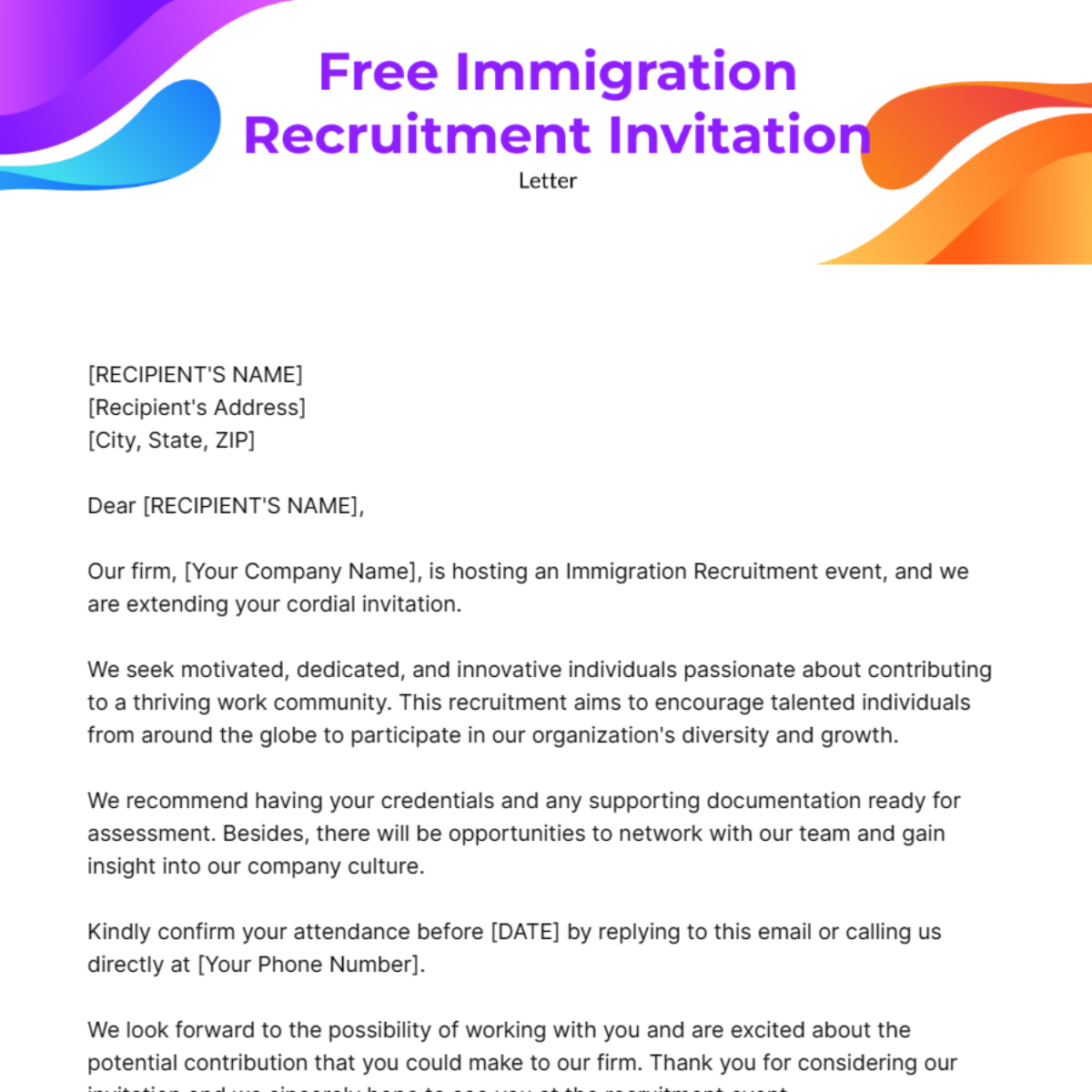 Immigration Recruitment Invitation Letter  Template