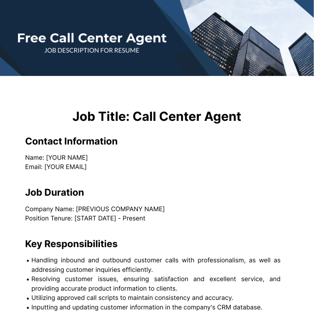 Call Center Agent Job Description for Resume Template
