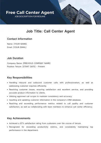 Free Call Center Agent Job Description for Resume Template to Edit Online